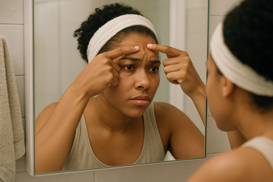 Woman looking in the mirror at a pimple because she skipped her goat milk skincare routine.