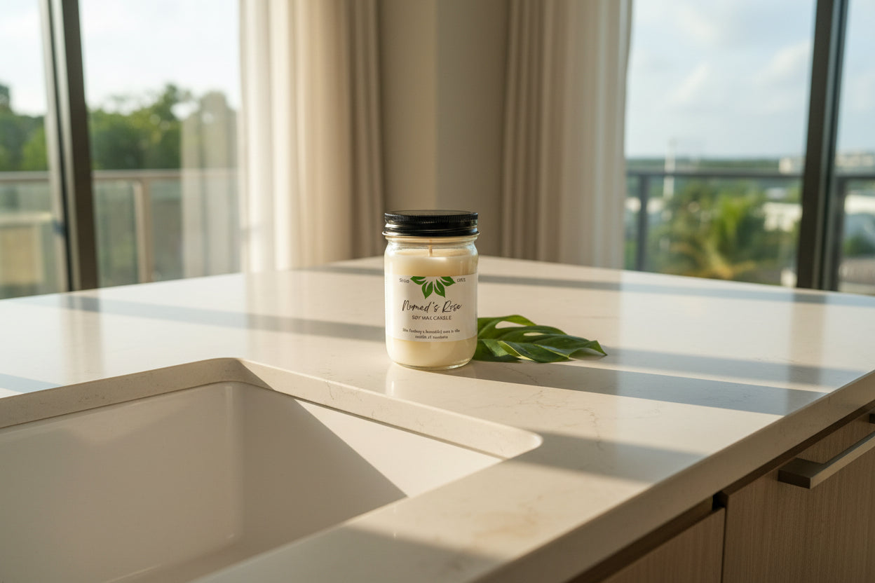 Soothing soy candle from Zhi Bath and Body on a kitchen counter top