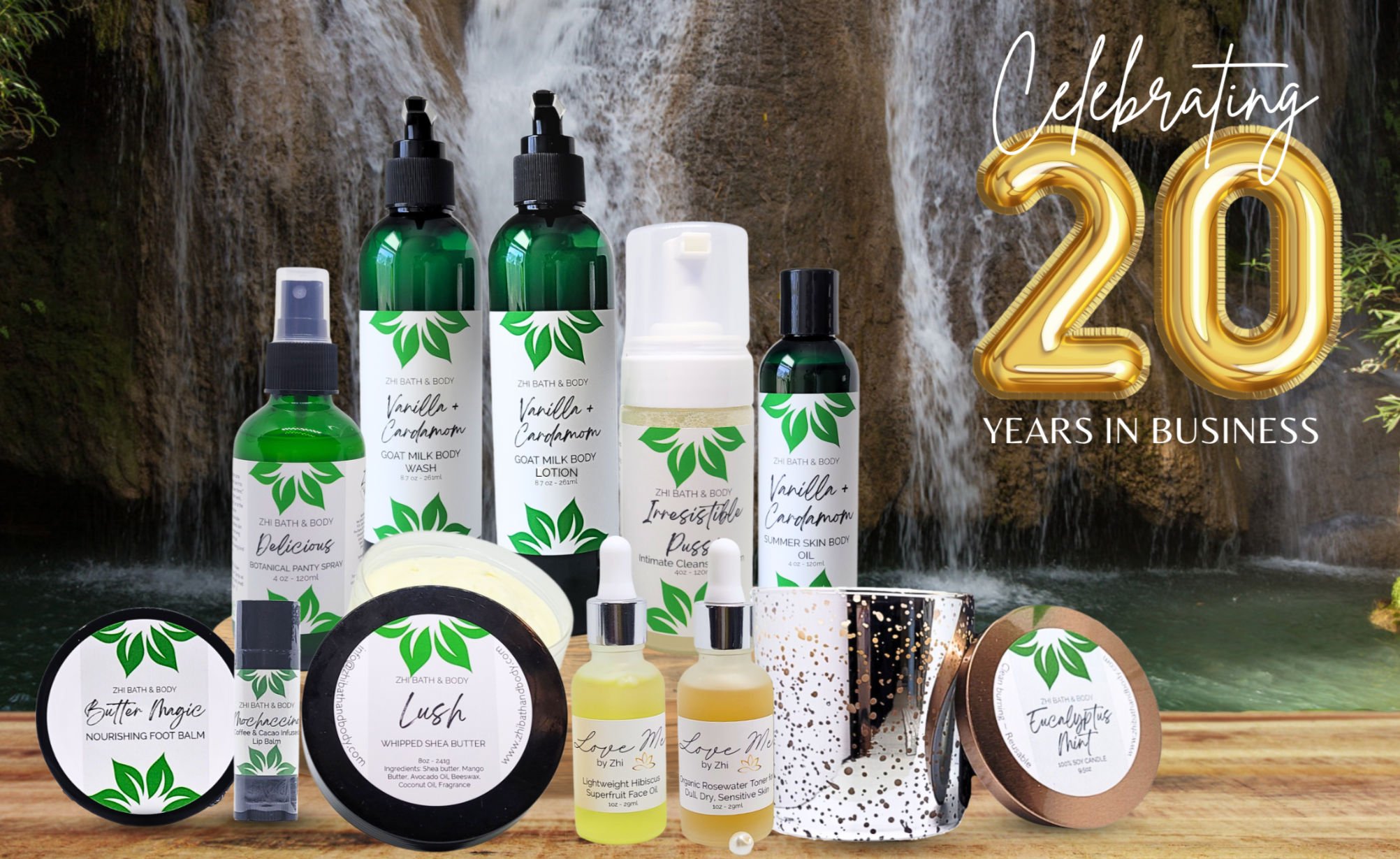 Image of Zhi Bath and Body product line with 20yr anniversary balloons