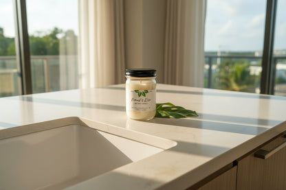 Soothing soy candle from Zhi Bath and Body on a kitchen counter top 