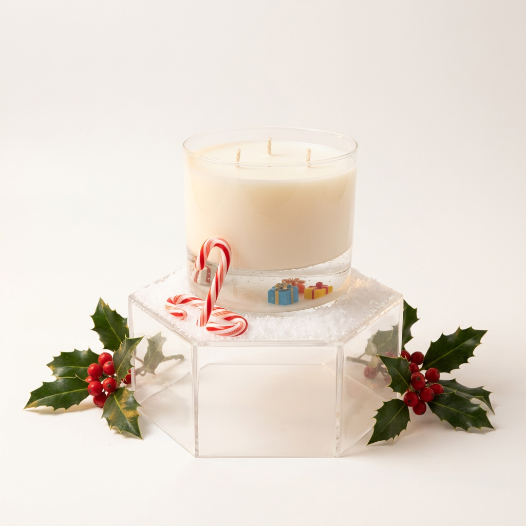 A frosted glass candle jar with three wicks sits on a clear acrylic pedestal, styled with candy canes, miniature gift boxes, and holly leaves with red berries on a clean white background.