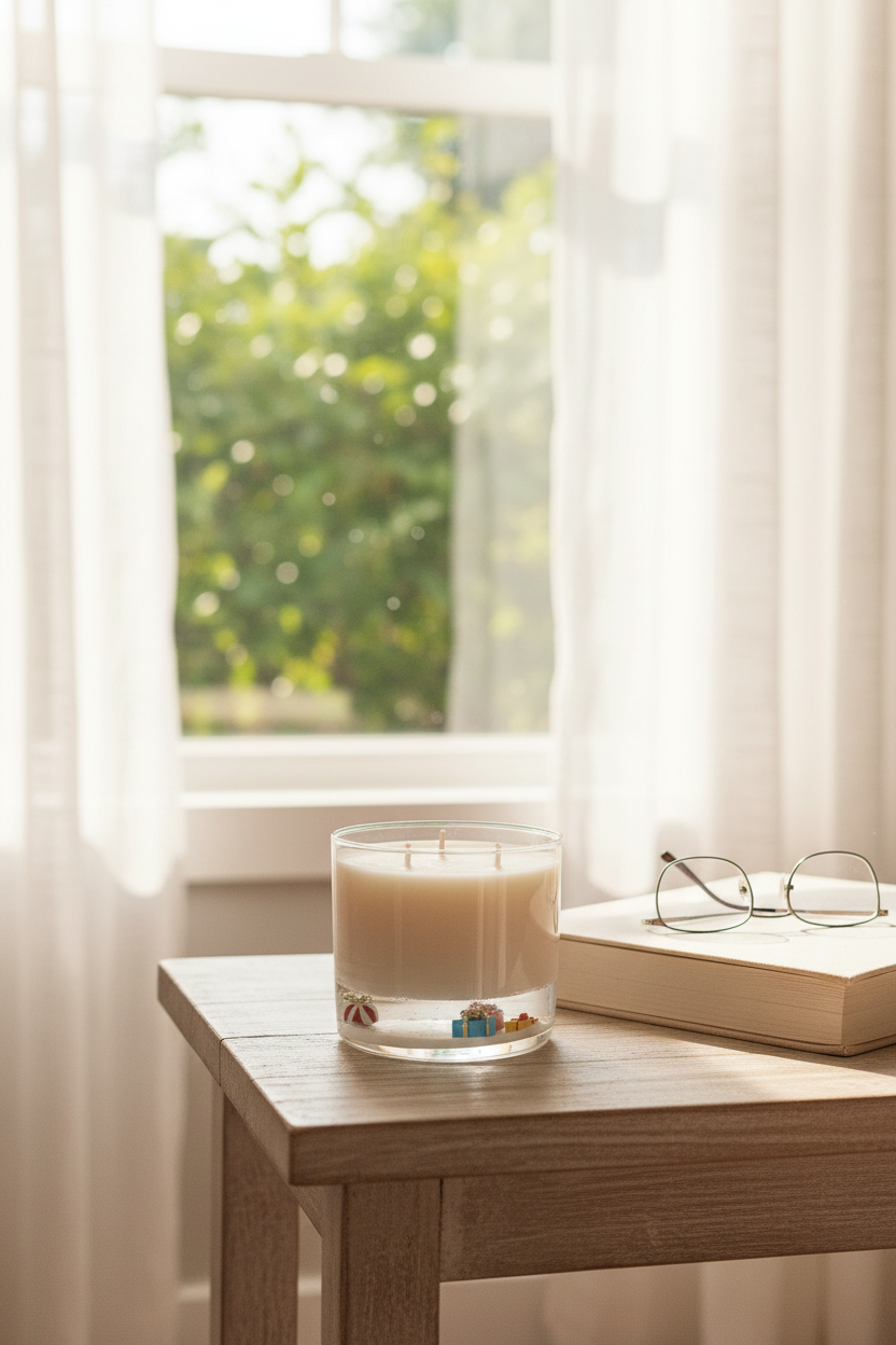 A lit candle in a clear glass jar sits on a wooden table beside an open book and eyeglasses, with a softly blurred window and greenery in the background.
