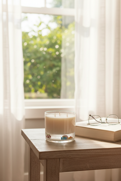 A lit candle in a clear glass jar sits on a wooden table beside an open book and eyeglasses, with a softly blurred window and greenery in the background.